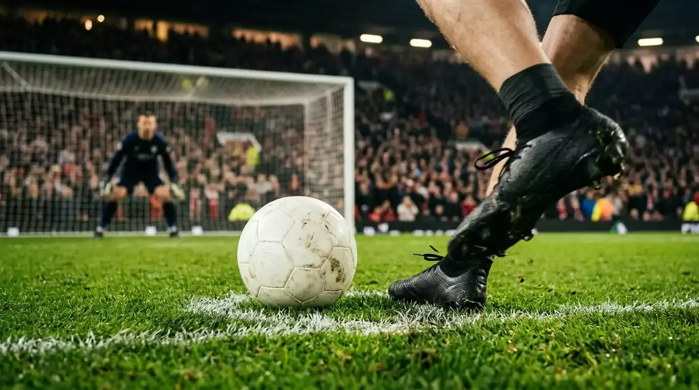 Detail fotbalového hřiště s čárou pokutového území a kopačkou na míči