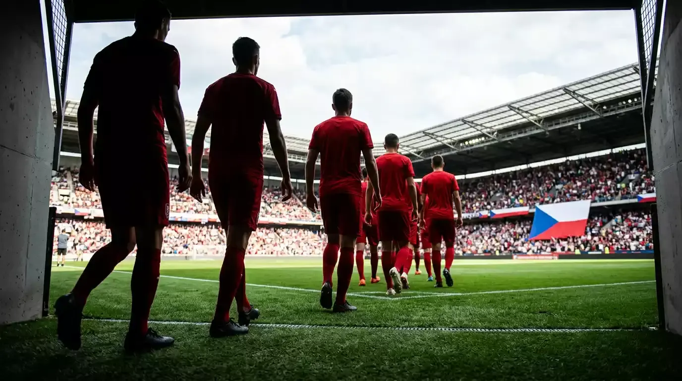 Fotbalisté v červených dresech nastupují na trávník národního stadionu