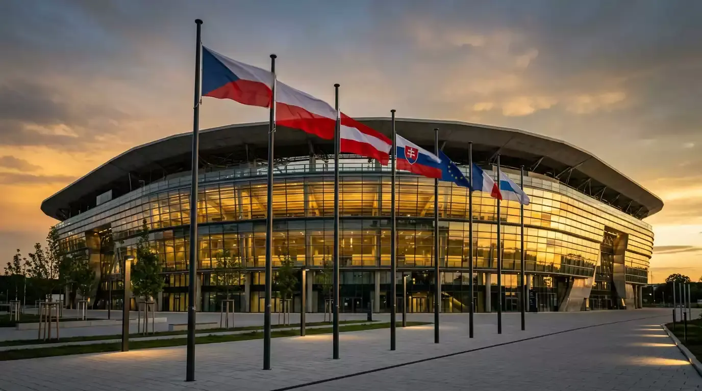 Fotbalový stadion s vlajkami různých evropských zemí v podvečerním světle