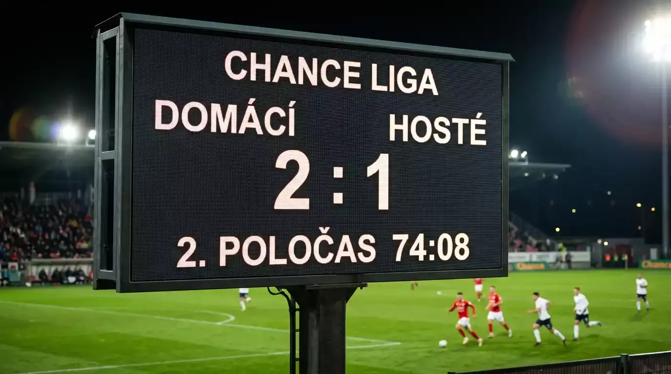 Fotbalové utkání Chance Ligy: pohled na hřiště se světelnou tabulí výsledků
