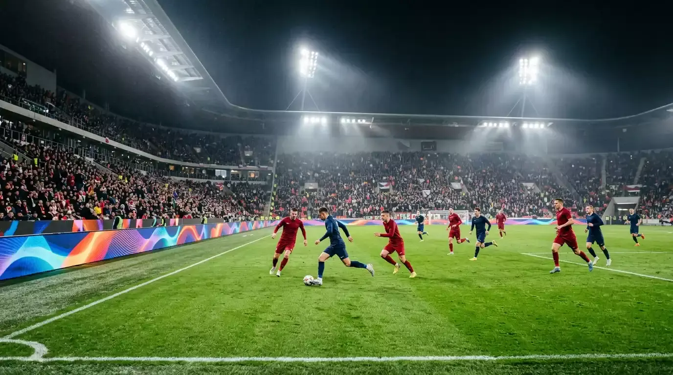 Reklamní bannery podél fotbalového hřiště během večerního zápasu české ligy