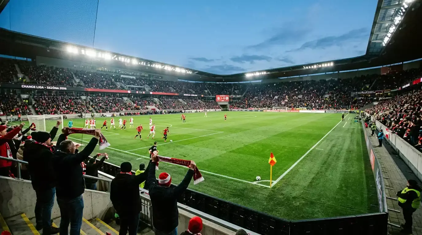 Zaplněné tribuny českého fotbalového stadionu při večerním zápase pod umělým osvětlením