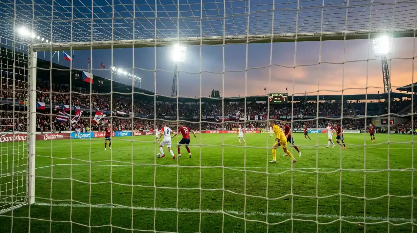 Fotbalový stadion Chance Ligy během zápasového dne s rozsvícenými reflektory