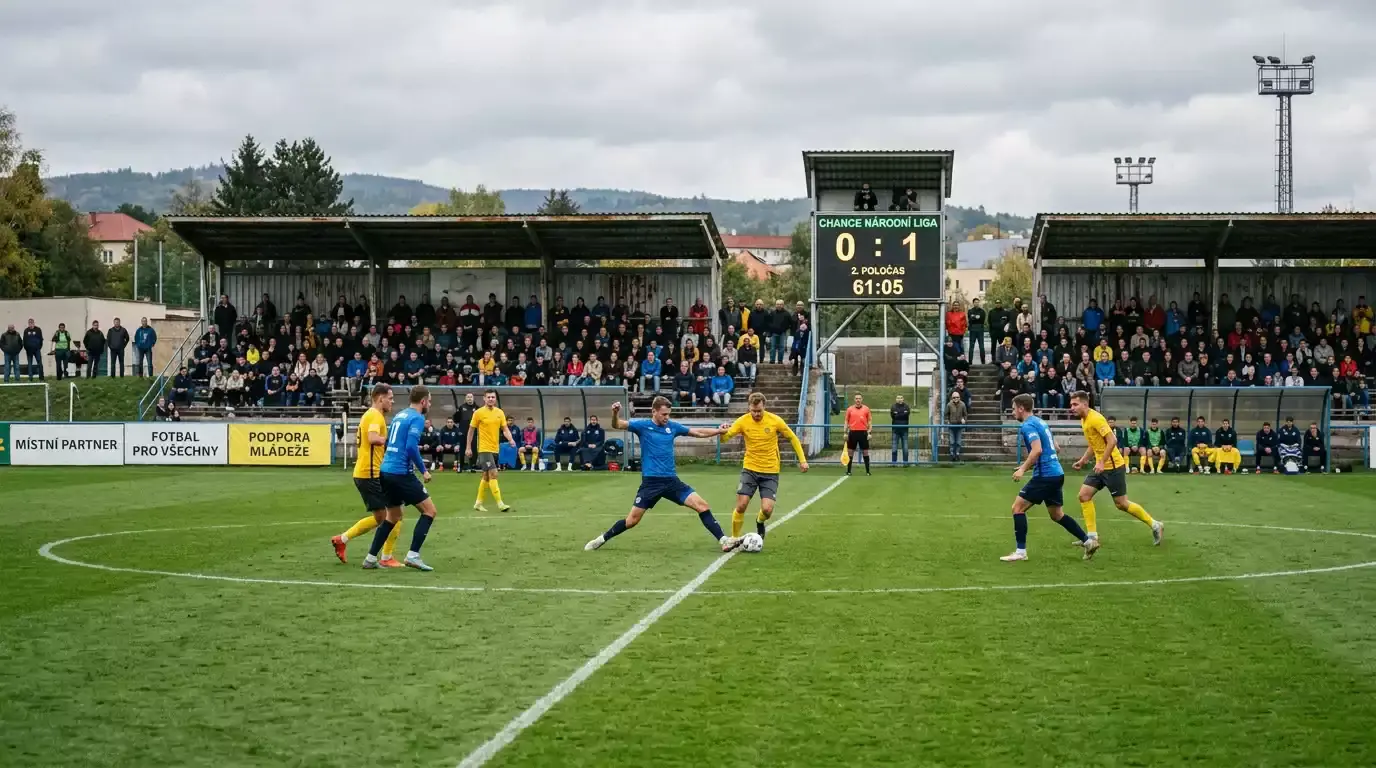 Fotbalový zápas druhé české ligy na menším stadionu s travnatým hřištěm