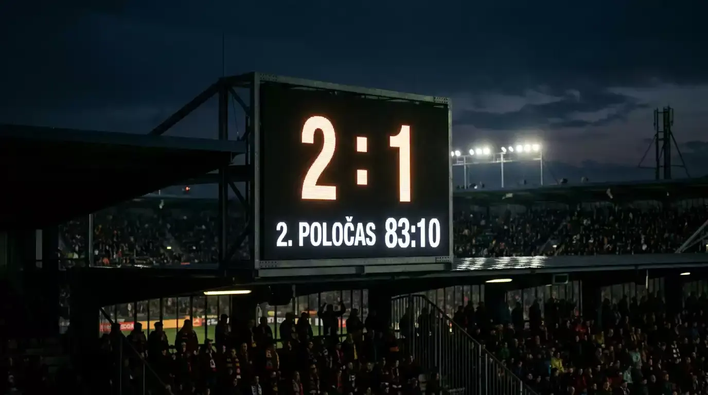 Světelná tabule na fotbalovém stadionu ukazující skóre 2:1 během večerního zápasu