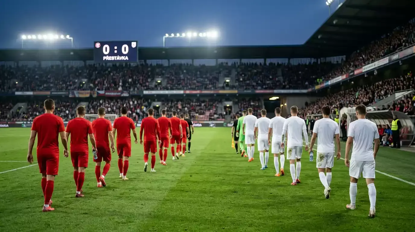 Fotbalový zápas v poločasové přestávce, hráči odcházejí do šaten při stavu 0:0