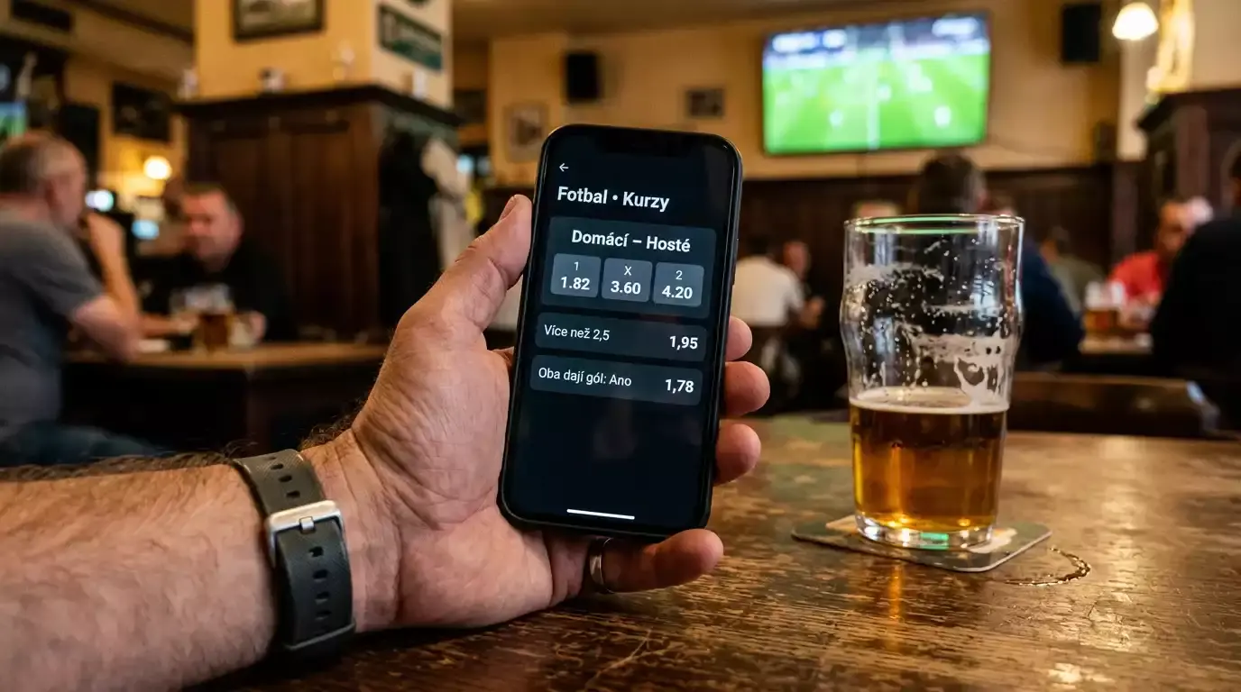 Detail ruky držící telefon s fotbalovými kurzy na obrazovce