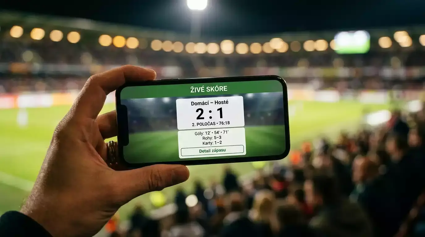 Ruka držící mobilní telefon se zobrazeným fotbalovým skóre na stadionu