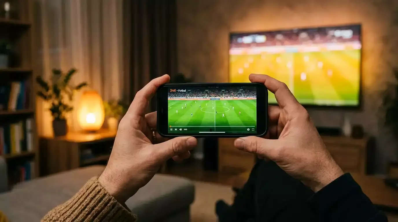 Ruce držící mobilní telefon s fotbalovým zápasem na obrazovce, v pozadí rozmazaný stadion