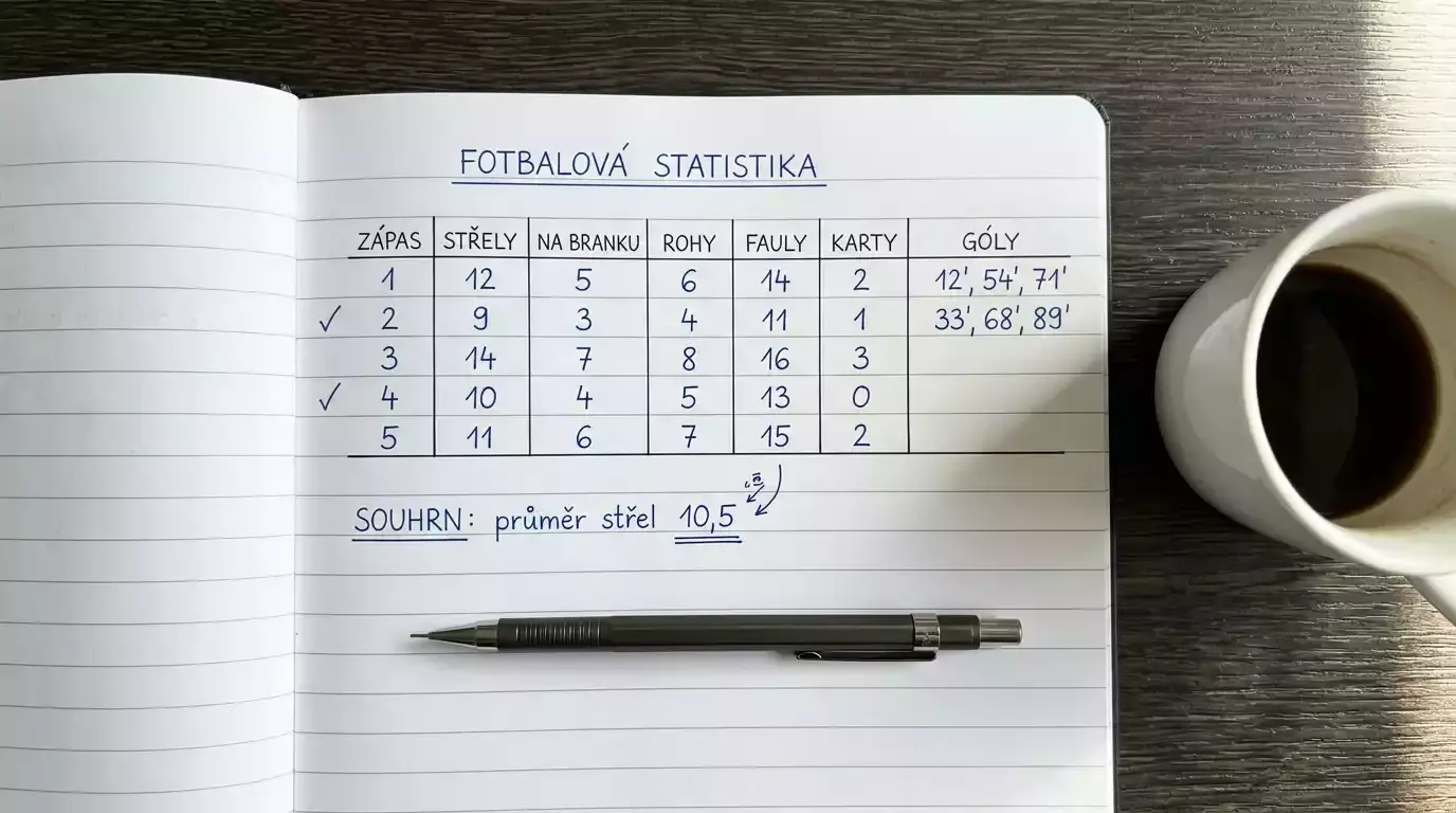 Poznámkový blok s ručně psanými fotbalovými statistikami a tužkou na dřevěném stole