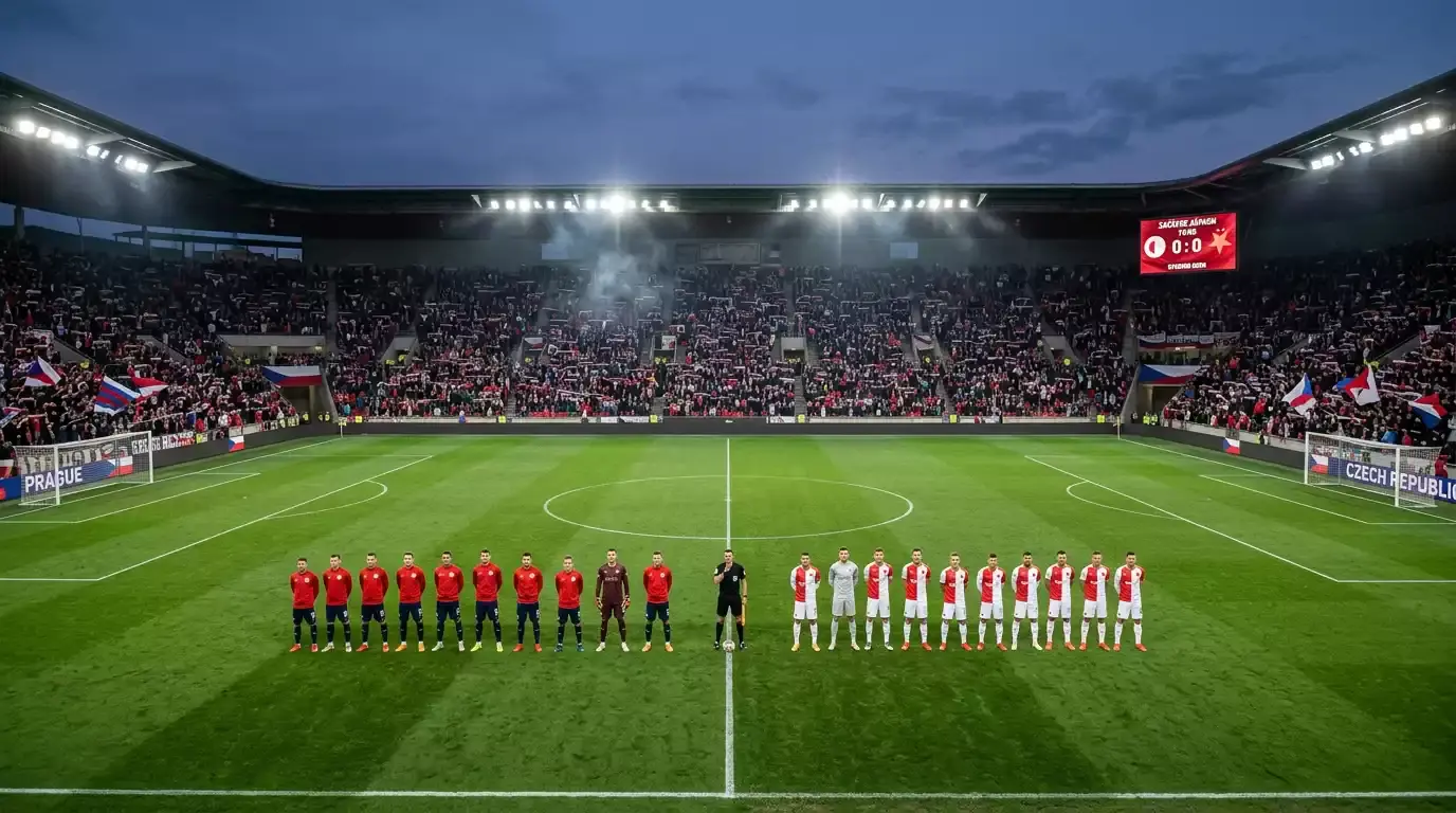 Fotbalový stadion v Česku při večerním zápase s osvětlenými tribunami