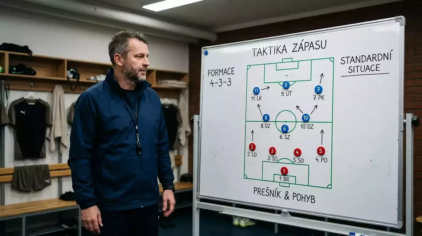 Trenér fotbalového týmu u taktické tabule s rozestavením hráčů a statistikami