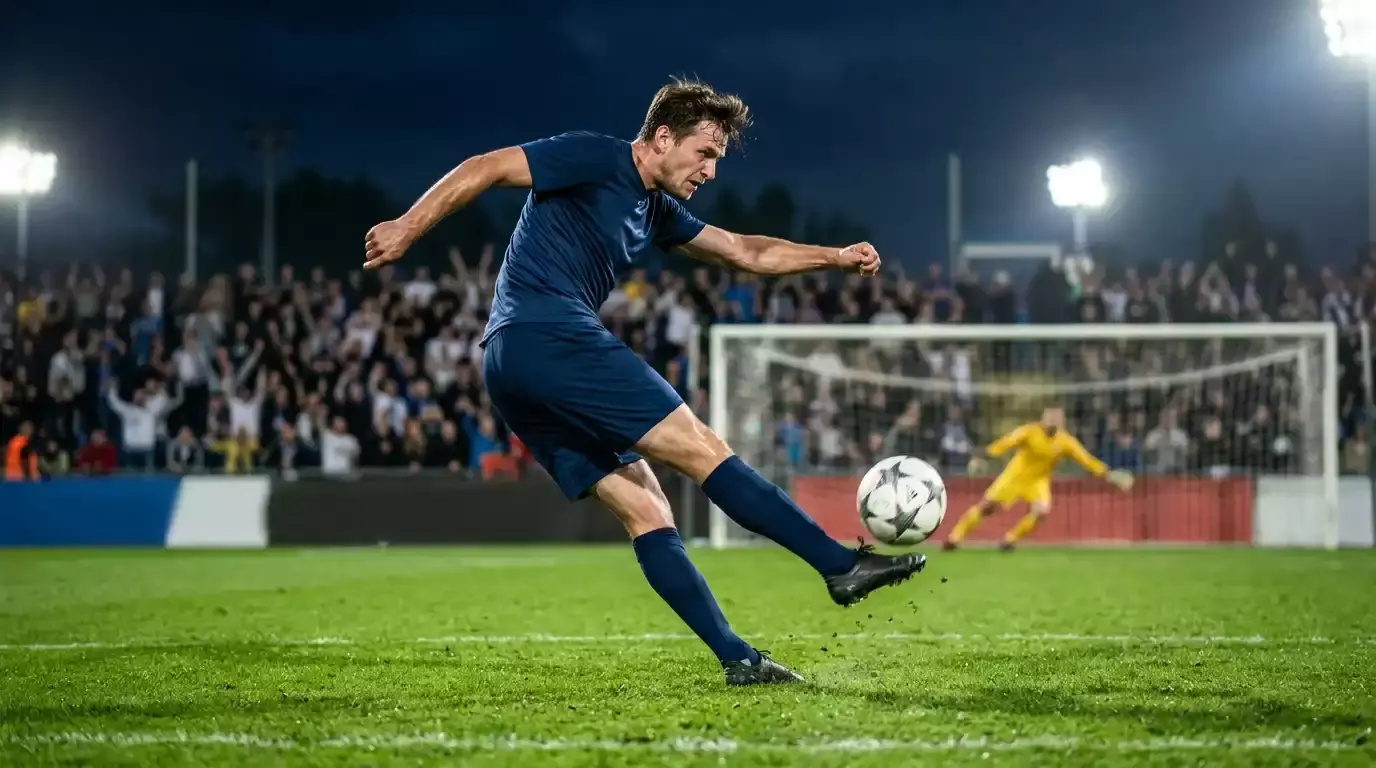 Fotbalový hráč střílí na bránu v dynamické scéně na zeleném trávníku