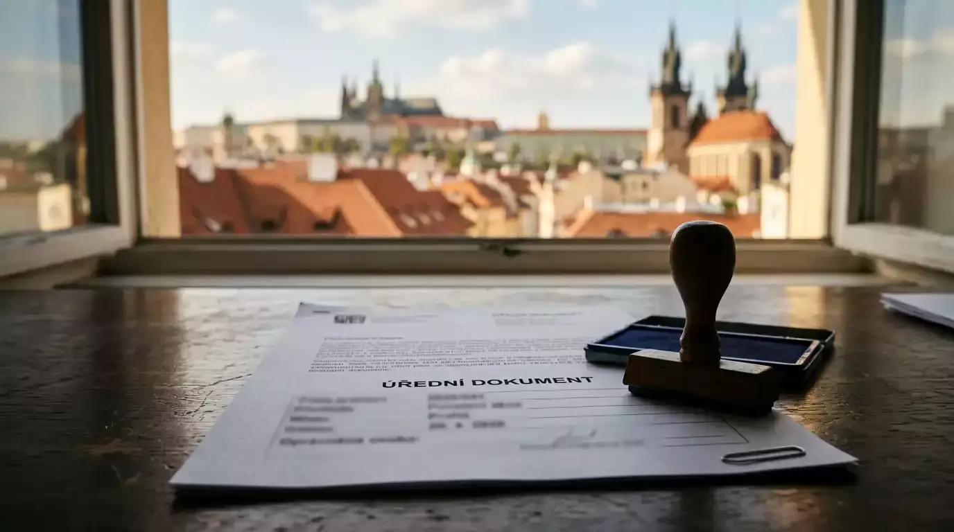 Právní dokumenty a razítko na stole v kanceláři s výhledem na Prahu