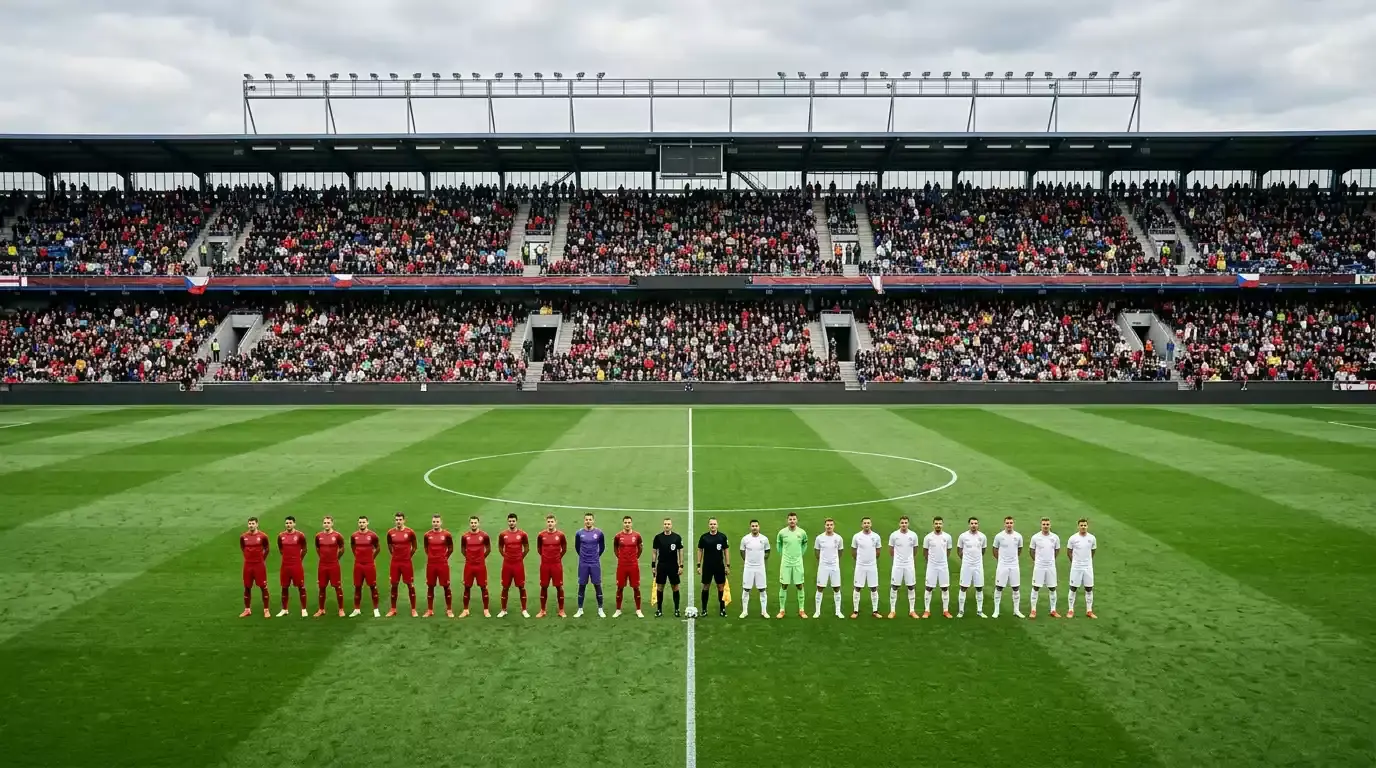 Dva fotbalové týmy nastupují proti sobě na stadionu před zápasem