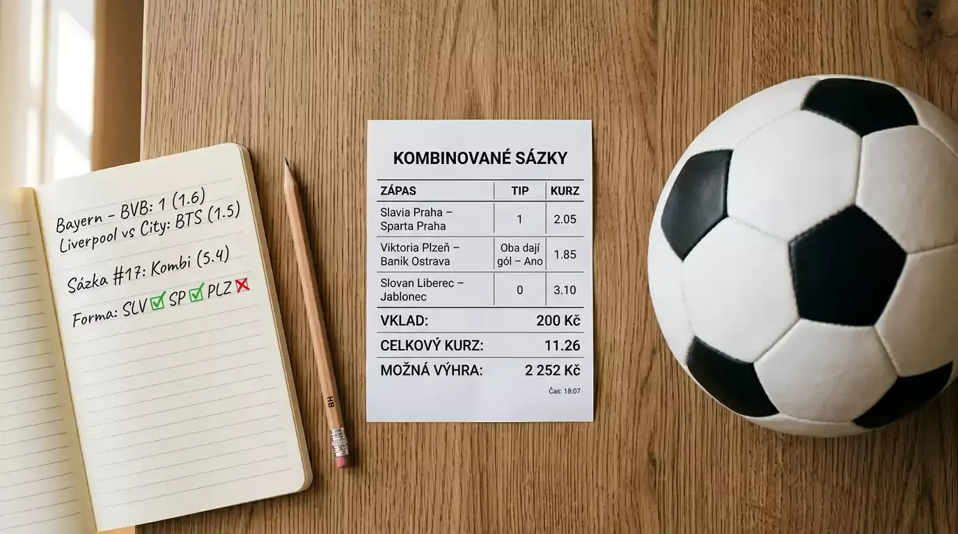 Sázkový tiket položený na stole vedle fotbalového míče a poznámkového bloku