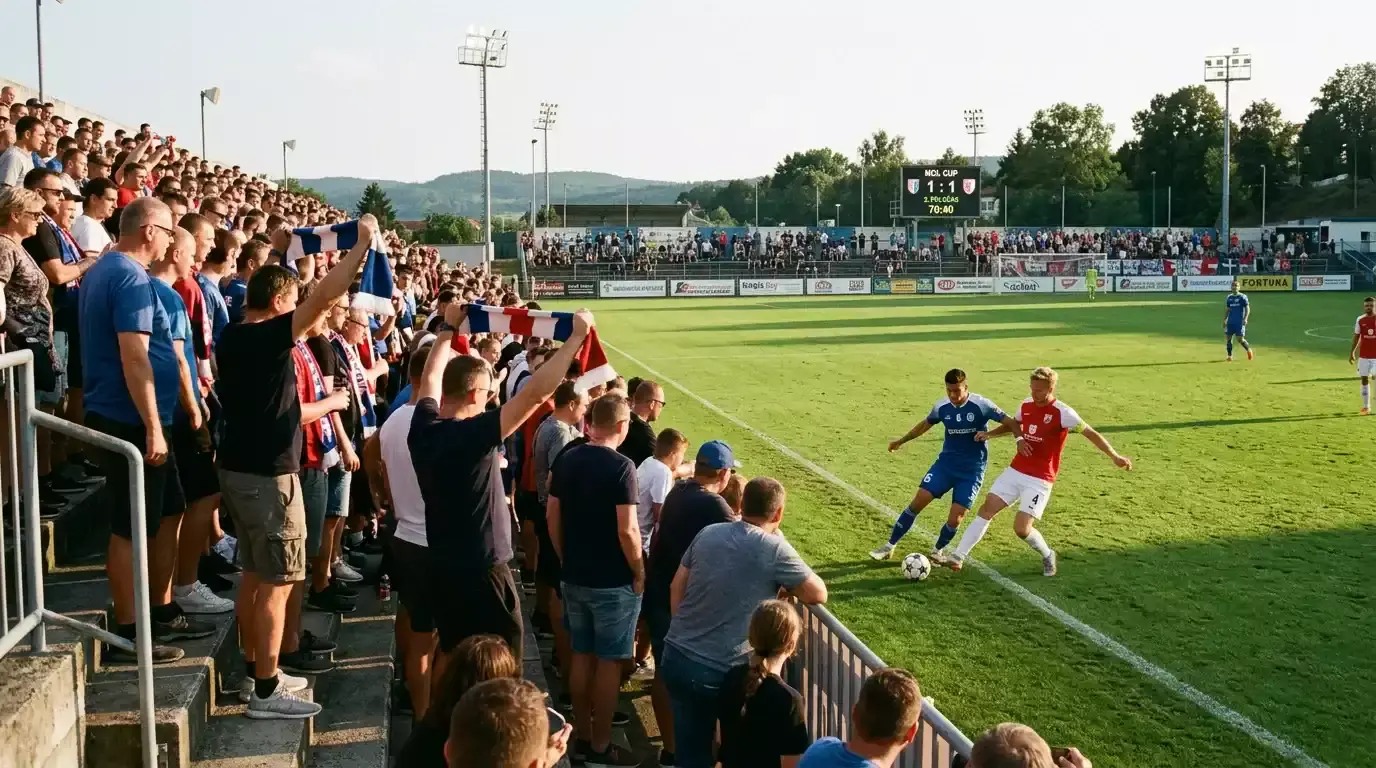 Fotbalový pohárový zápas na menším českém stadionu s nadšenými fanoušky