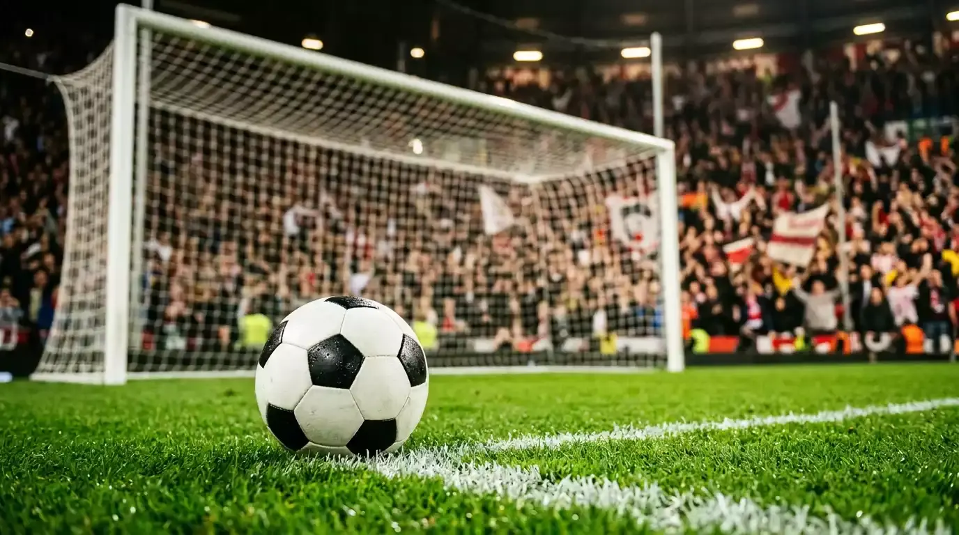 Fotbalový míč v síti branky při gólu na zeleném trávníku za soumraku