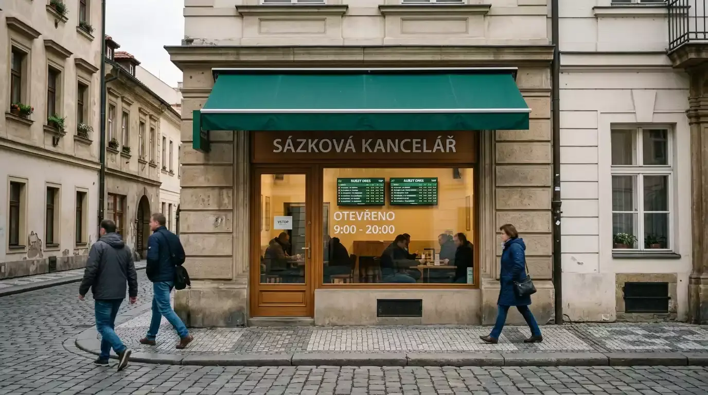 Průčelí české sázkové kanceláře s výlohou na městské ulici za denního světla