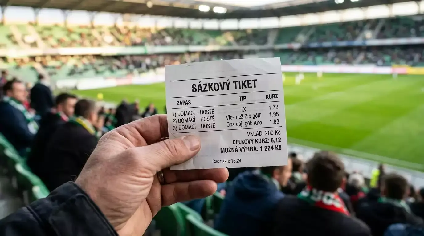 Ruka držící sázkový tiket na fotbalové tribuně během zápasu