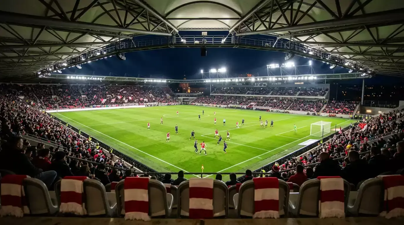 Fotbalový stadion Eden Arena v Praze během večerního zápasu Slavie